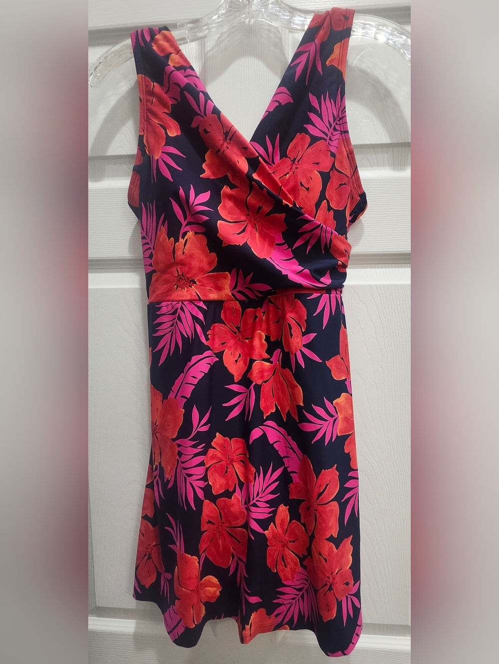Lands' End Tummy Control Surplice Wrap Swimsuit Dress Womens Size 6 Built-In Bra